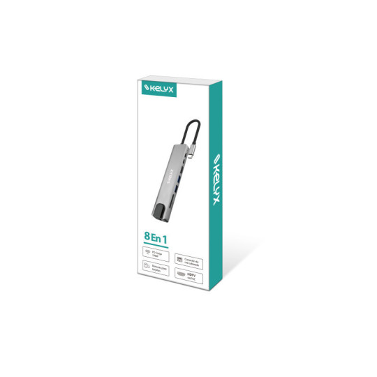 Hub Kelyx 8en1 Type C HDMI SD USB 2.0 x2 / USB 3.0 x2 RJ45